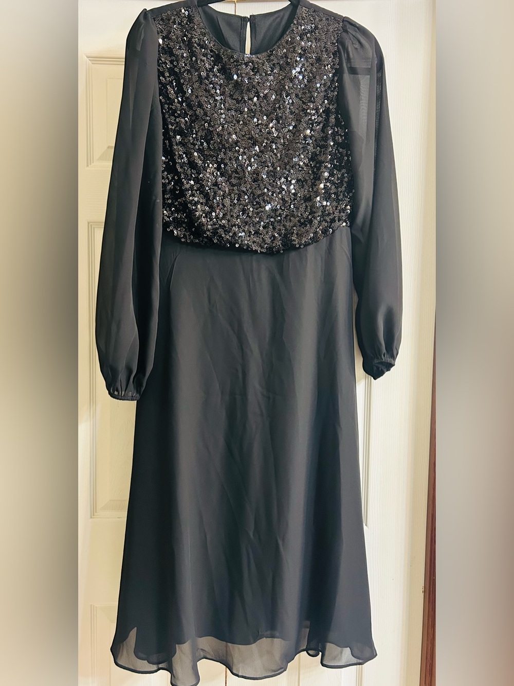JJs House Chiffon Black Sequin Bodice Long Sleeve Evening Gown. New With Tags